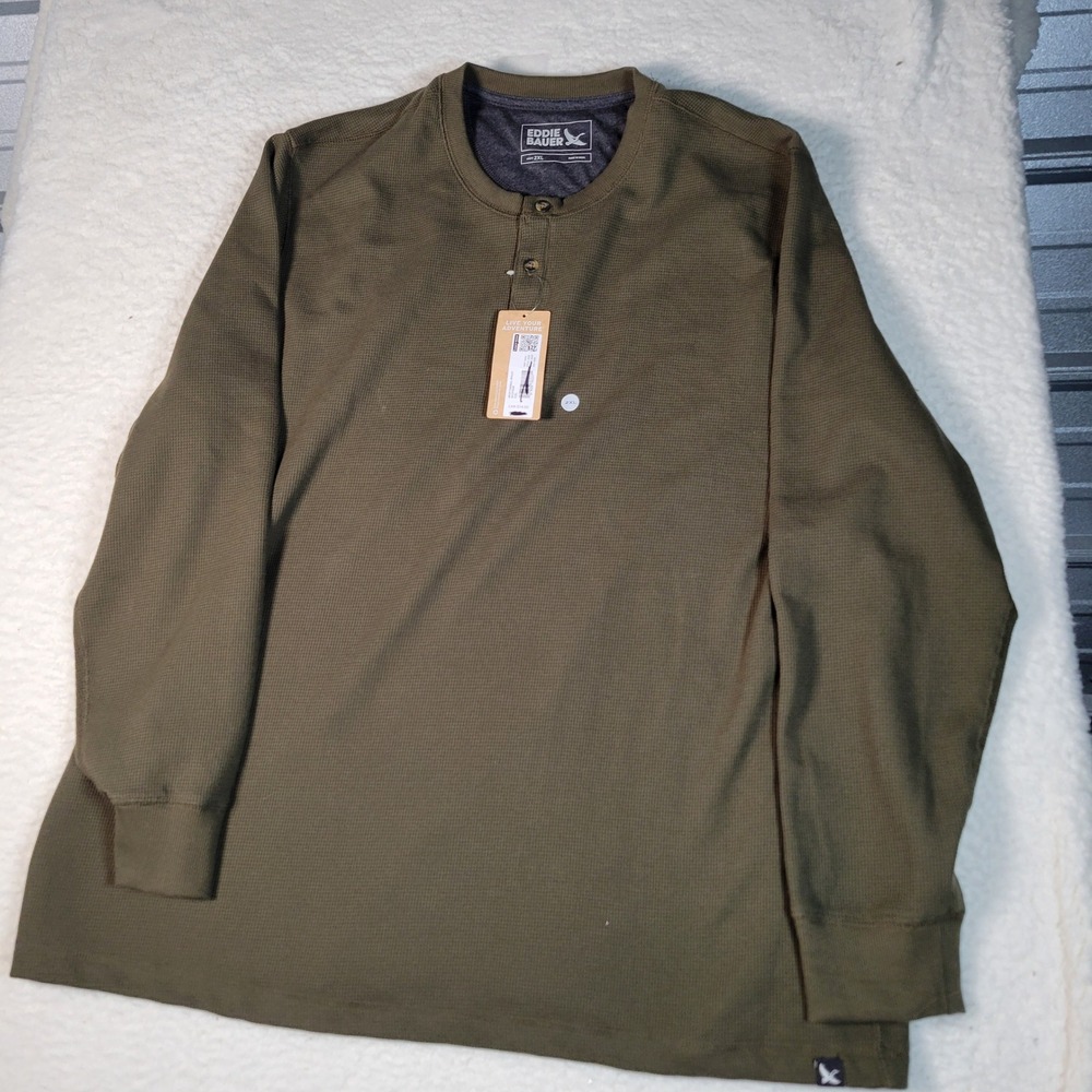 Eddie Bauer Thermal Henley Mens 2XL Dark Fatigue Green Waffle‎ Knit Long Sleeve - Picture 2 of 14